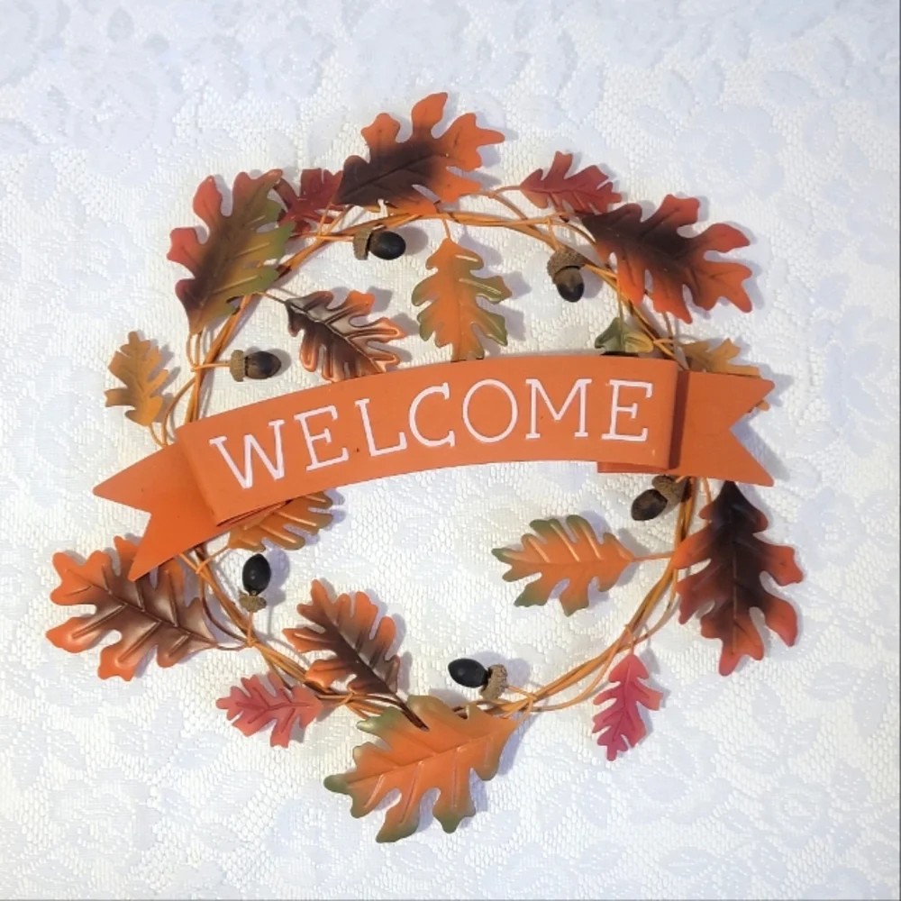 Vintage Metal Fall Wreath Welcome Sign Oak Leaves & Acorns 17